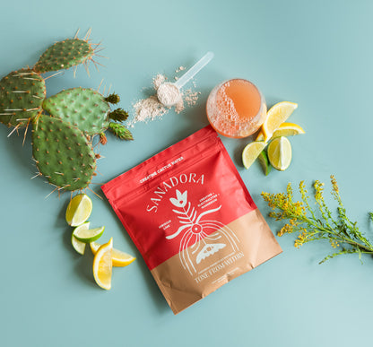 Sanadora Creatine Cactus Water pouch with cactus, lemon slices, and a drink on a light blue background